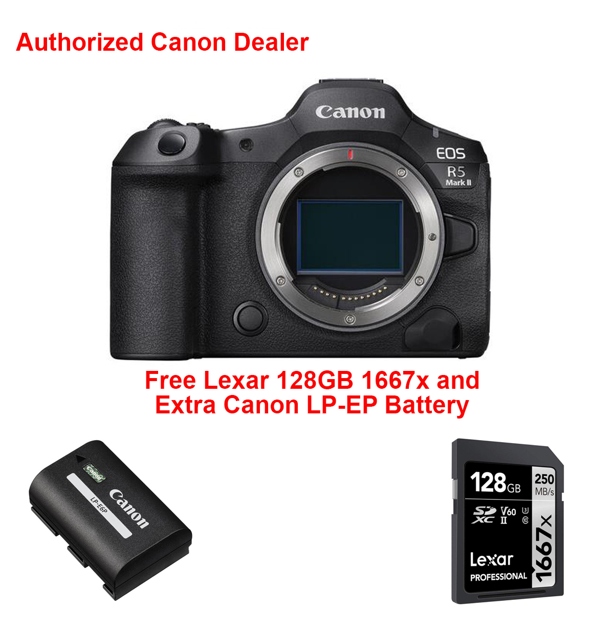 Canon EOS R5 Mark II Camera Body + Canon Extra battery  + 128GB SD Card. Canon Canada Authorized